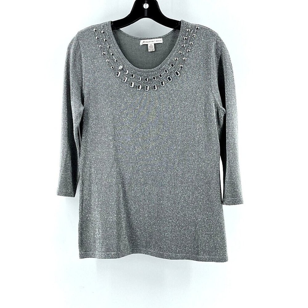 JM Collection Women's Metallic Silver Rhinestones Knit Sweater Size Petite Small